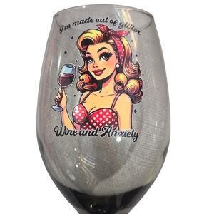 Wine Glass with Retro Sassy Pin-Up Design Hand Crafted, Wine & Anxiety